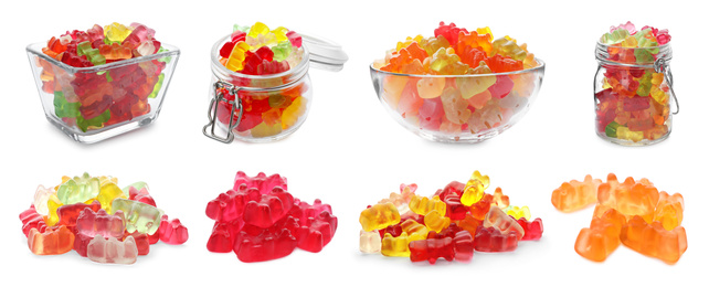 Image of Set with delicious jelly bears on white background. Banner design