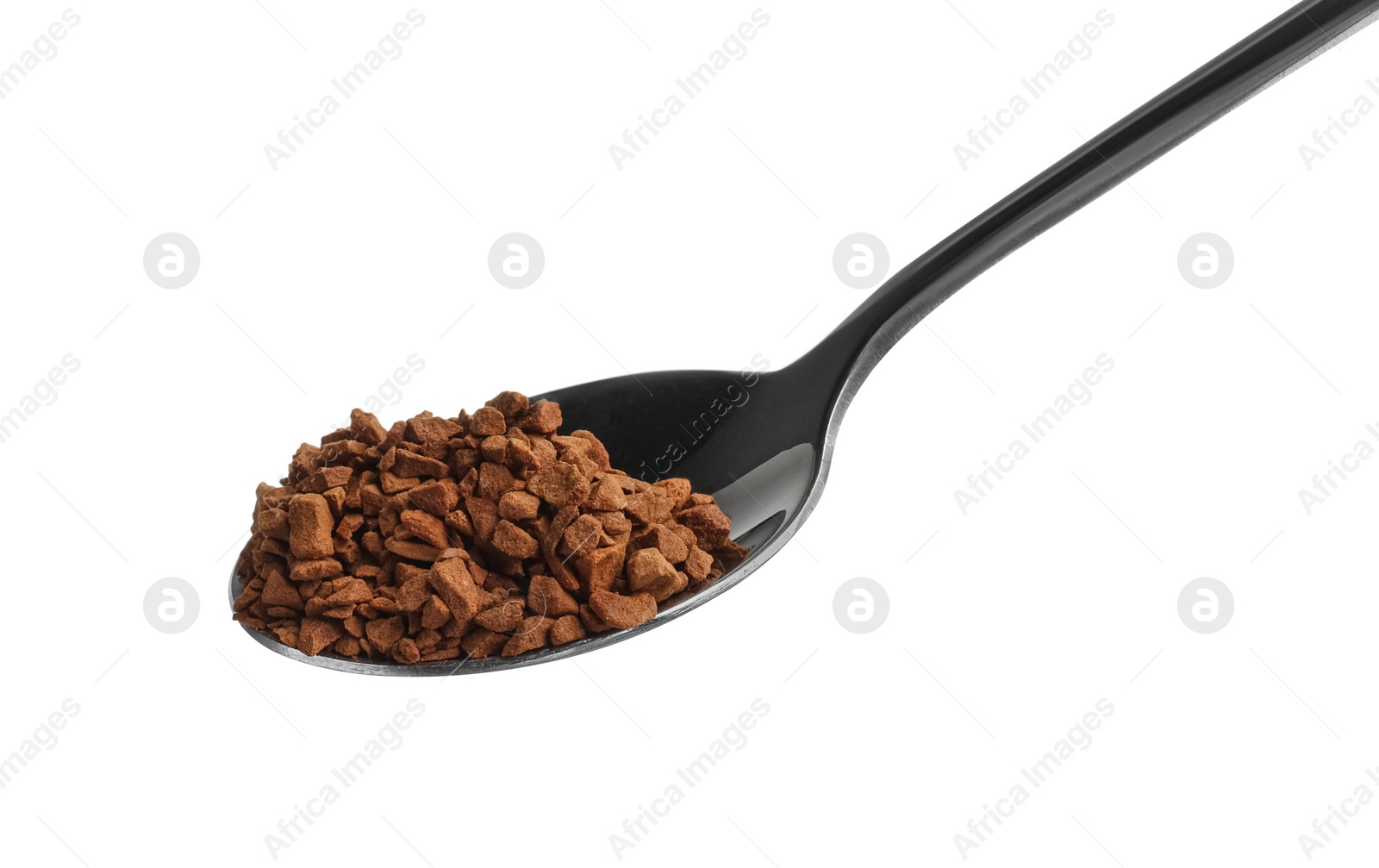 Photo of Spoon with aromatic instant coffee isolated on white