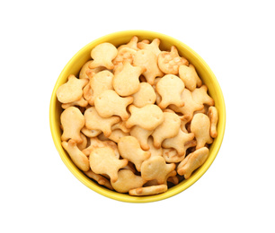 Delicious goldfish crackers in bowl isolated on white, top view