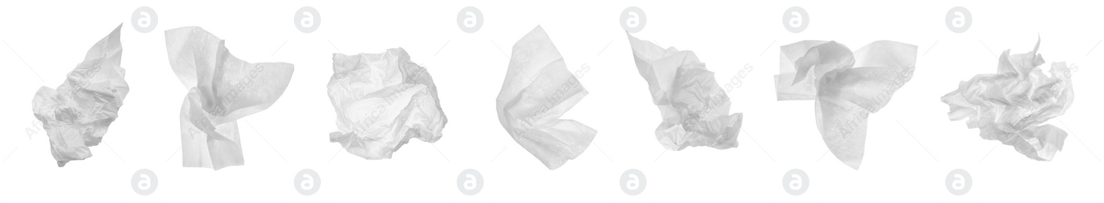 Image of Set with used crumpled paper tissues on white background. Banner design