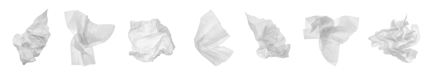 Image of Set with used crumpled paper tissues on white background. Banner design