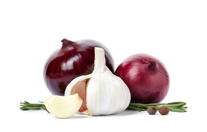 Photo of Garlic, onions, allspice and rosemary on white background