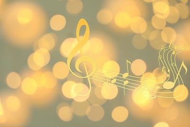Image of Music notes on blurred background, bokeh effect