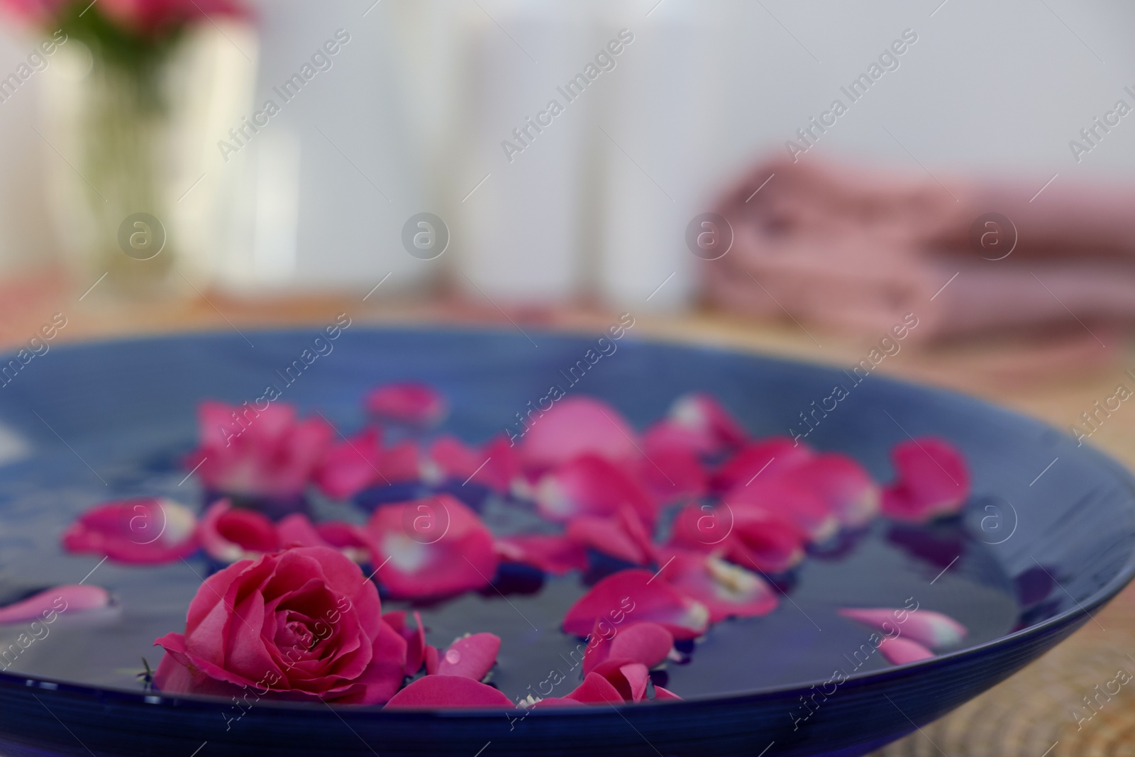 Photo of Pink rose and petals in bowl with water on table, closeup