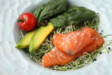 Photo of Delicious salmon with spinach on plate, closeup