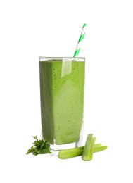 Photo of Glass of detox smoothie and celery with parsley on white background