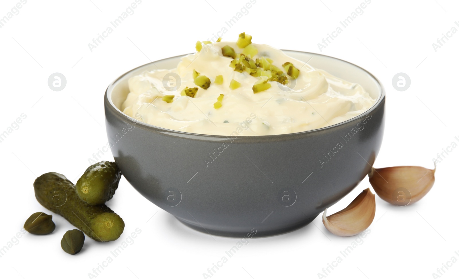 Photo of Tartar sauce and ingredients on white background