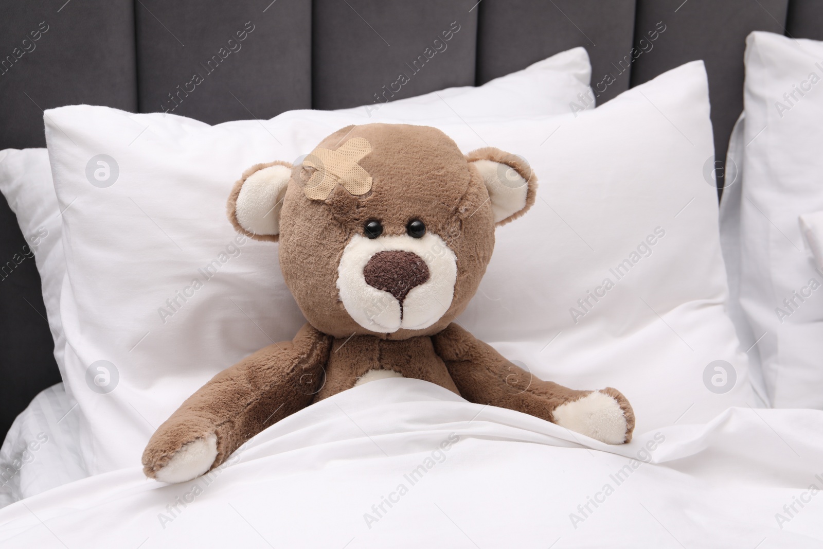 Photo of Toy cute bear with sticking plaster under blanket in bed