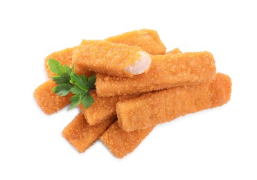 Photo of Fresh breaded fish fingers with parsley on white background, top view