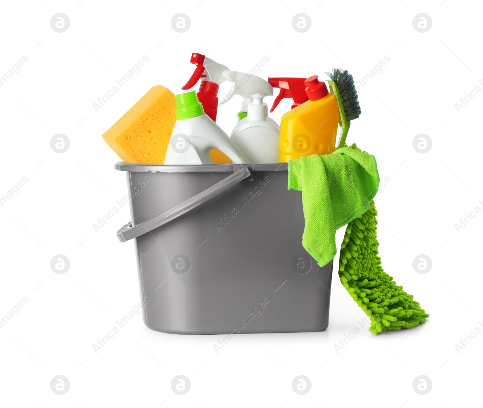 Photo of Plastic bucket with different cleaning supplies isolated on white