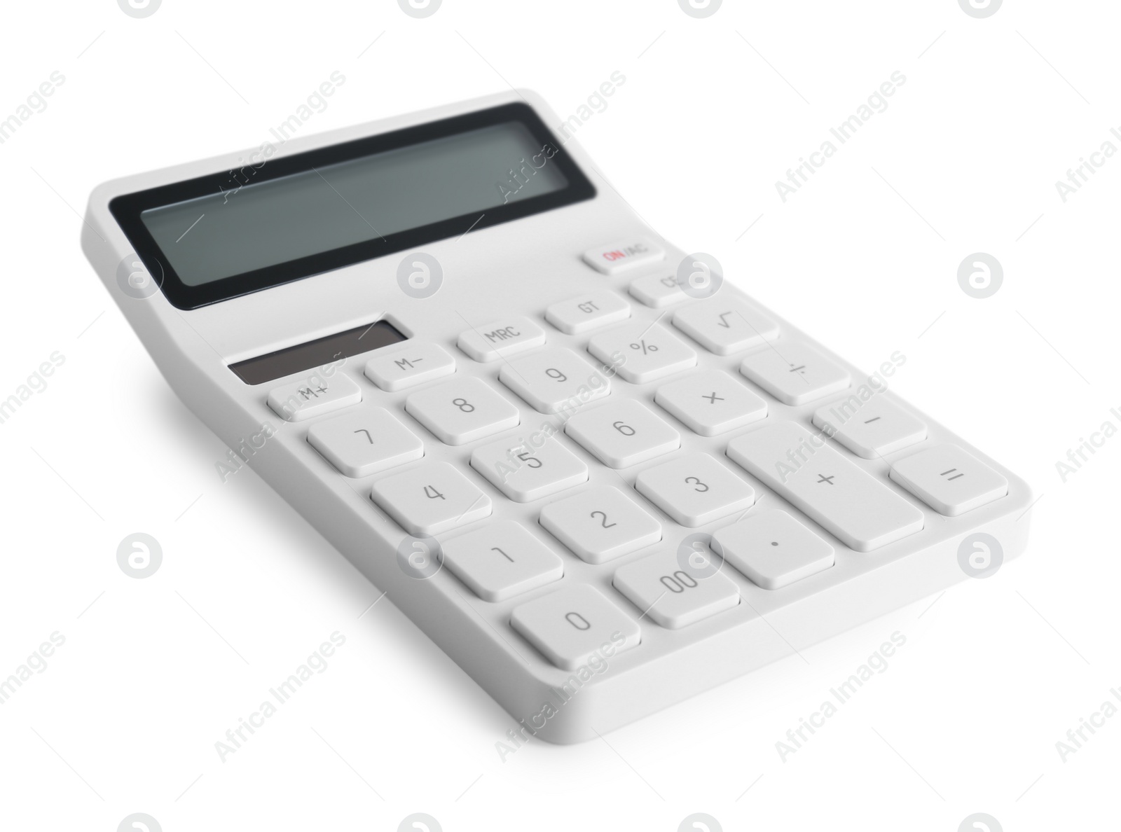 Photo of Modern calculator on white background. School stationery