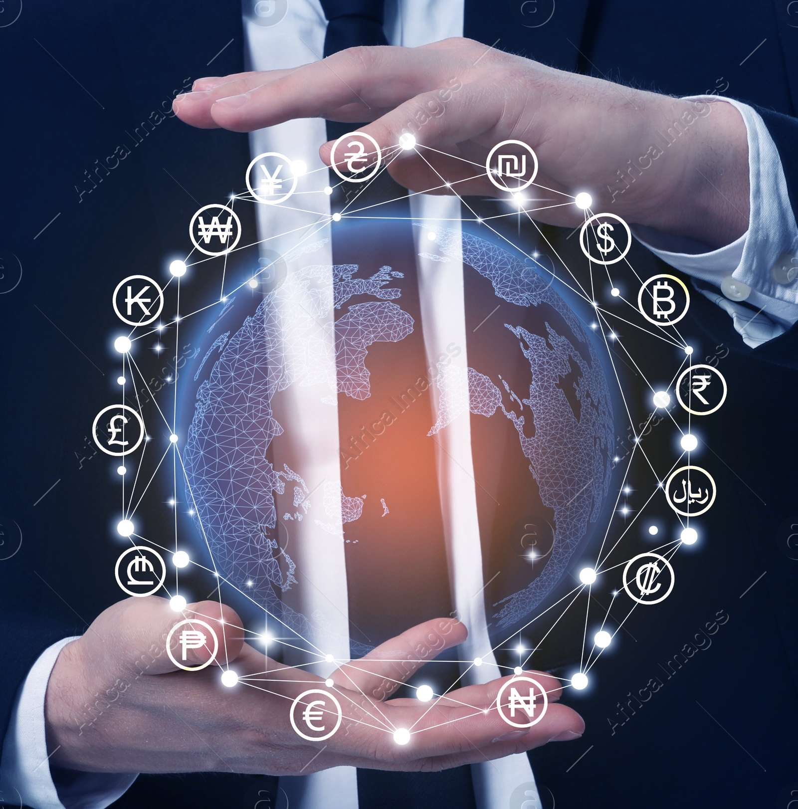 Image of Money exchange. Man holding digital planet surrounded by different currency symbols