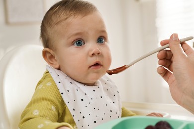 Mother feeding her little baby at home. Kid wearing bib