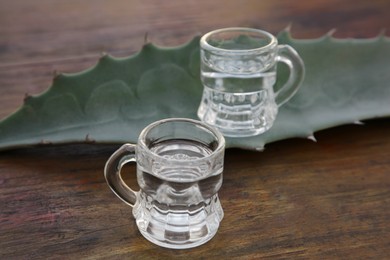 Photo of Mexican tequila shots and green leaf on wooden table, closeup. Drink made of agava