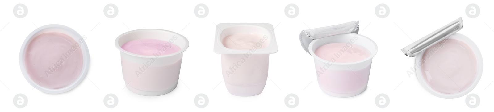 Image of Set with delicious organic yogurts on white background. Banner design