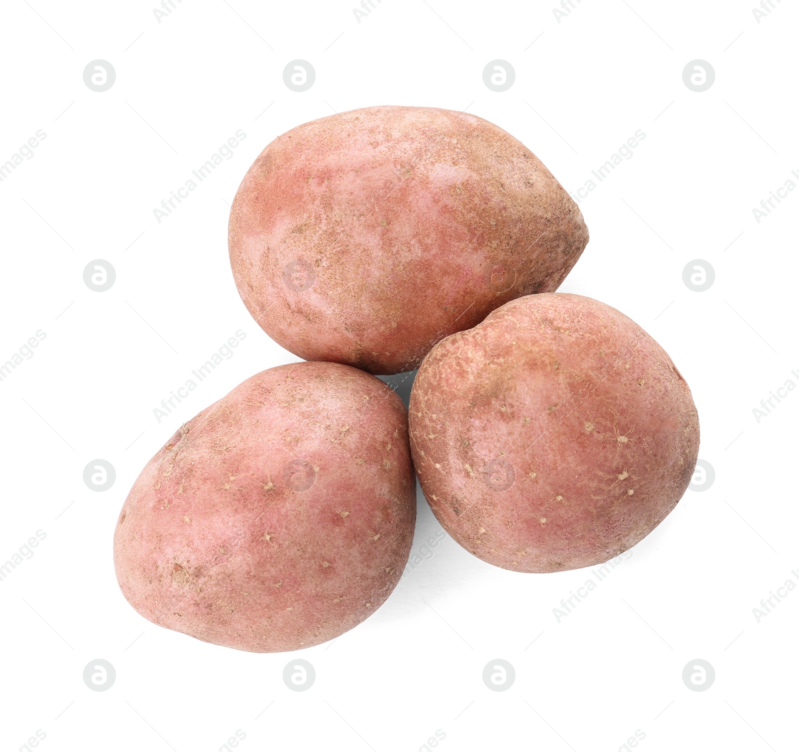 Photo of Fresh ripe organic potatoes on white background, top view