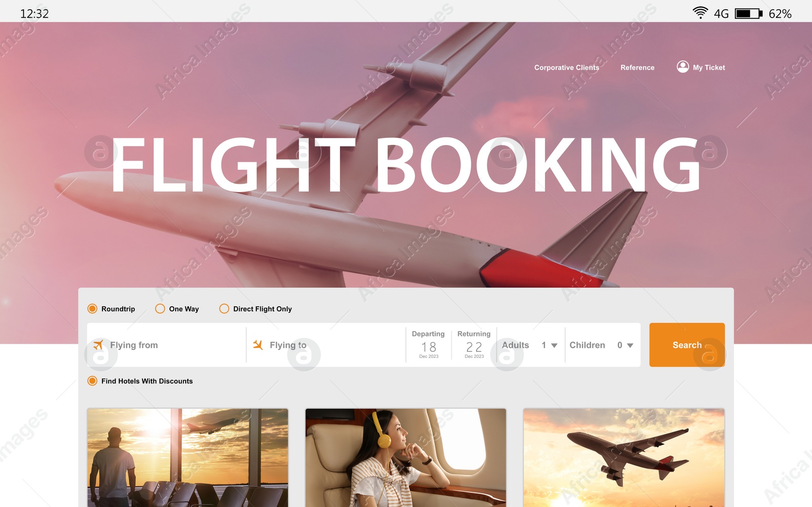 Image of Online flight booking website interface with information