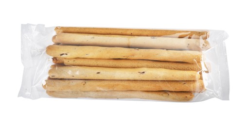 Fresh delicious grissini sticks on white background, top view