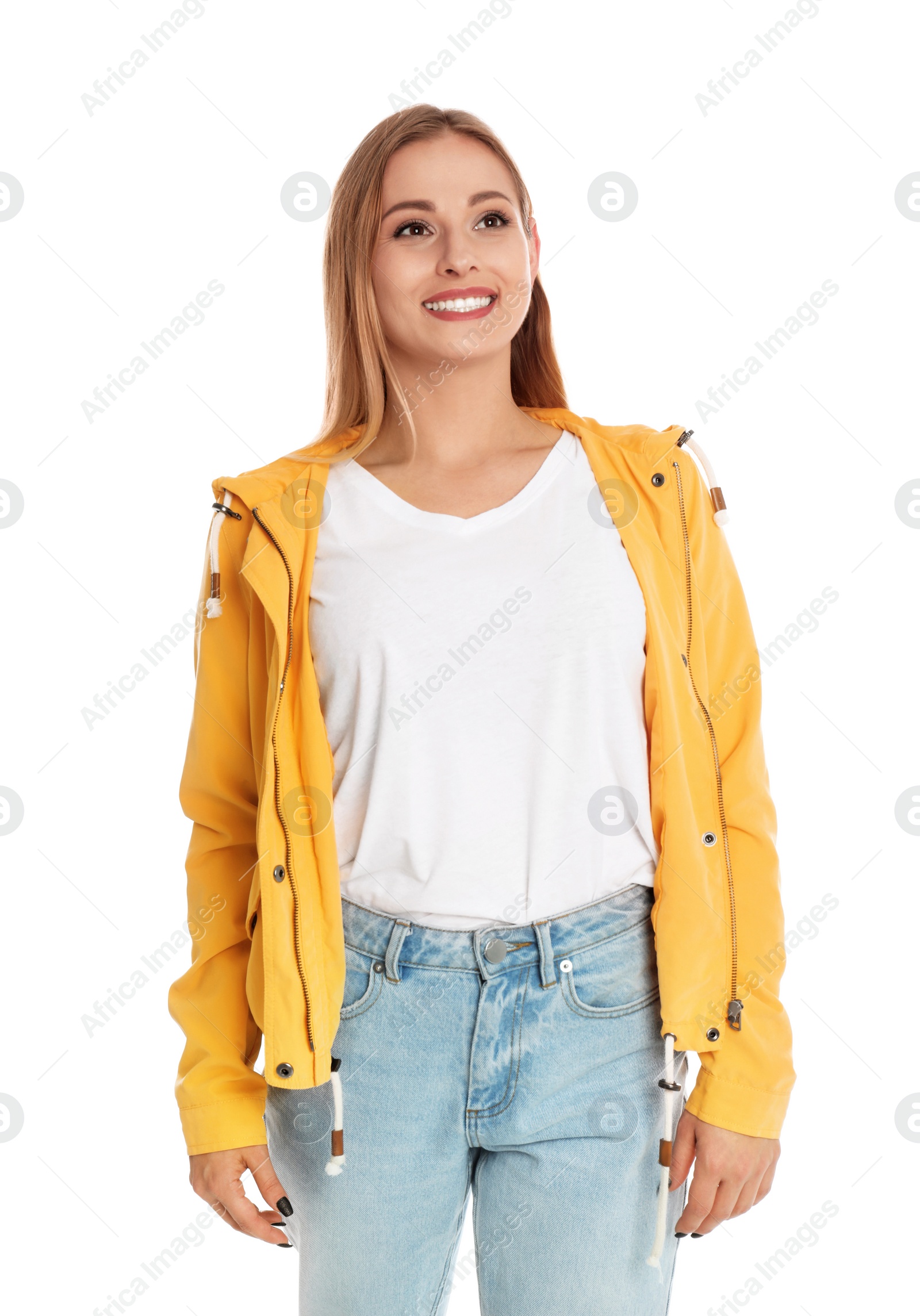 Photo of Beautiful woman in casual outfit on white background