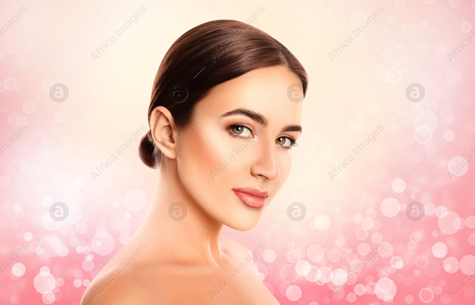 Image of Beautiful young woman with silky skin on light background. Spa portrait