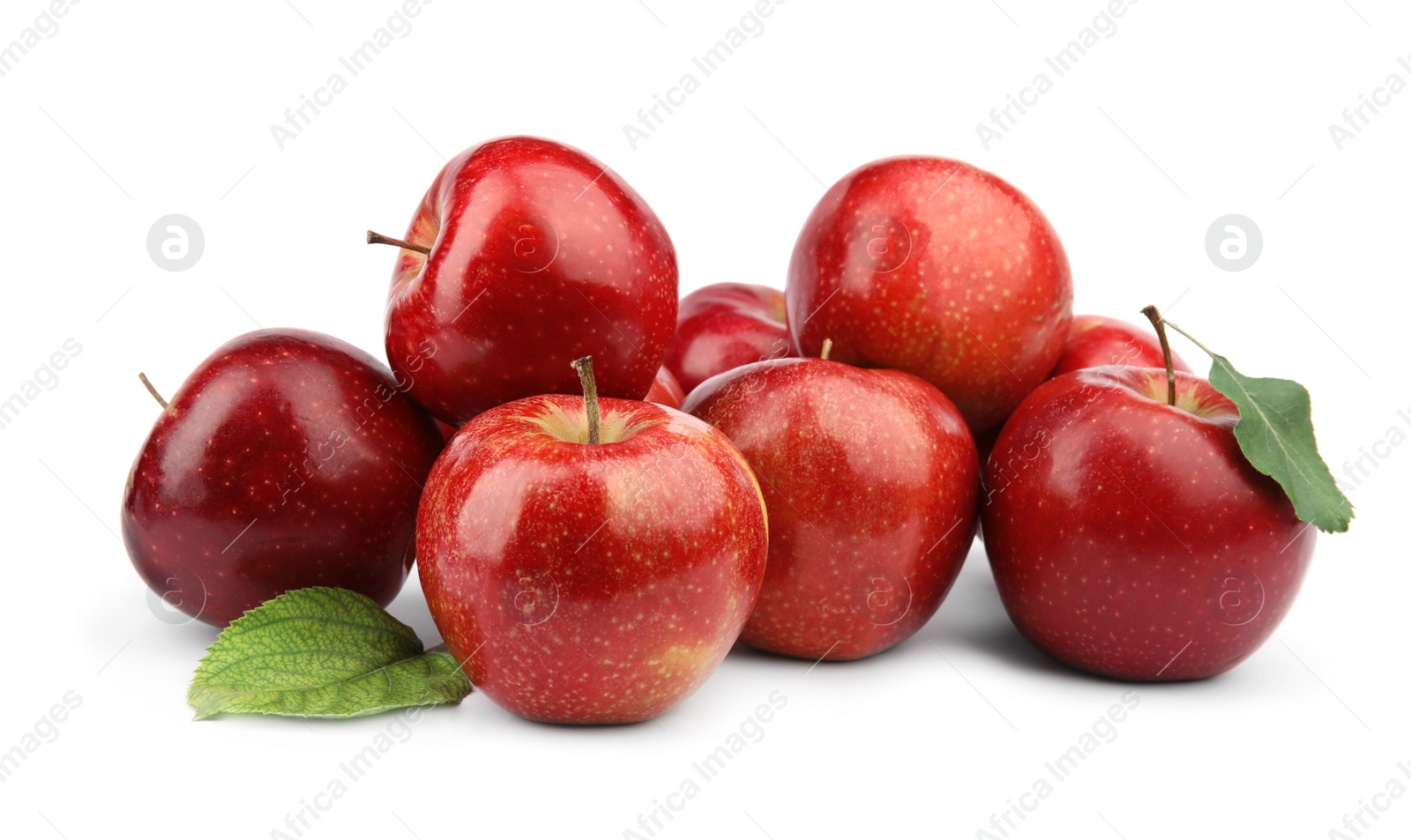 Photo of Ripe juicy red apples with leaves on white background