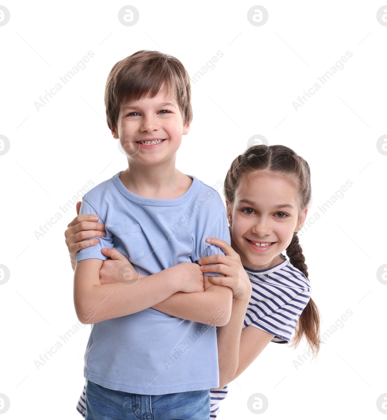 Photo of Happy brother and sister on white background