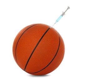 Basketball ball with syringe sticking out on white background. Doping concept