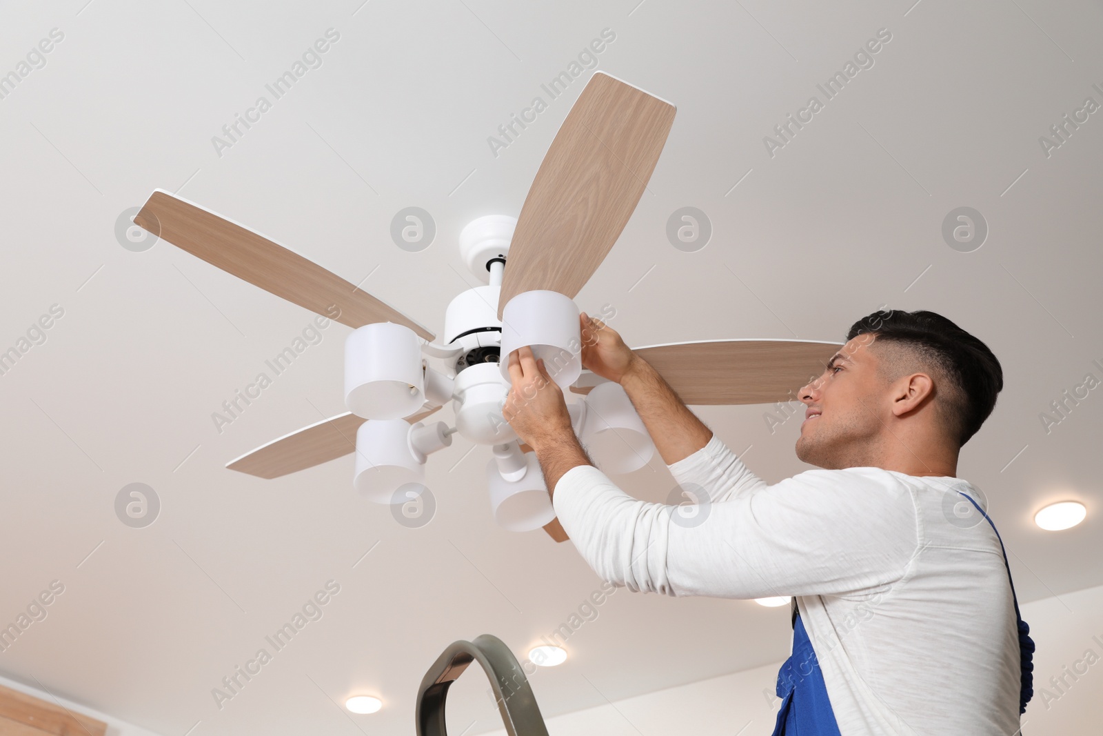 Photo of Electrician changing light bulb in ceiling fan indoors