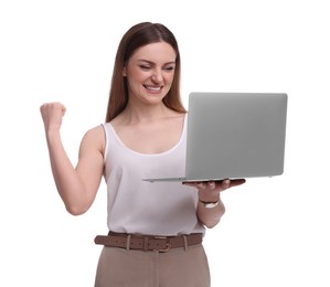 Photo of Beautiful businesswoman with laptop on white background