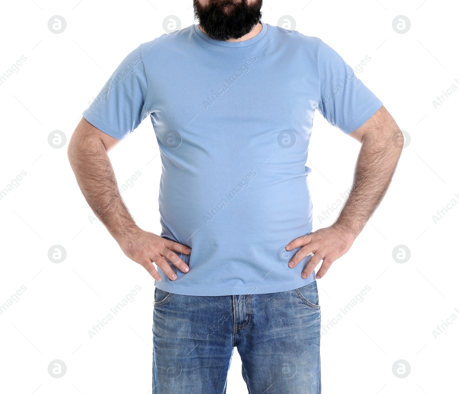 Photo of Overweight man isolated on white, closeup. Weight loss