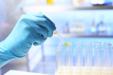 Photo of Laboratory assistant dripping urine sample for analysis from pipette into test tube, closeup