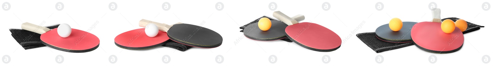 Image of Set with ping pong rackets and balls on white background. Banner design