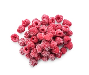 Photo of Heap of tasty frozen raspberries on white background, top view