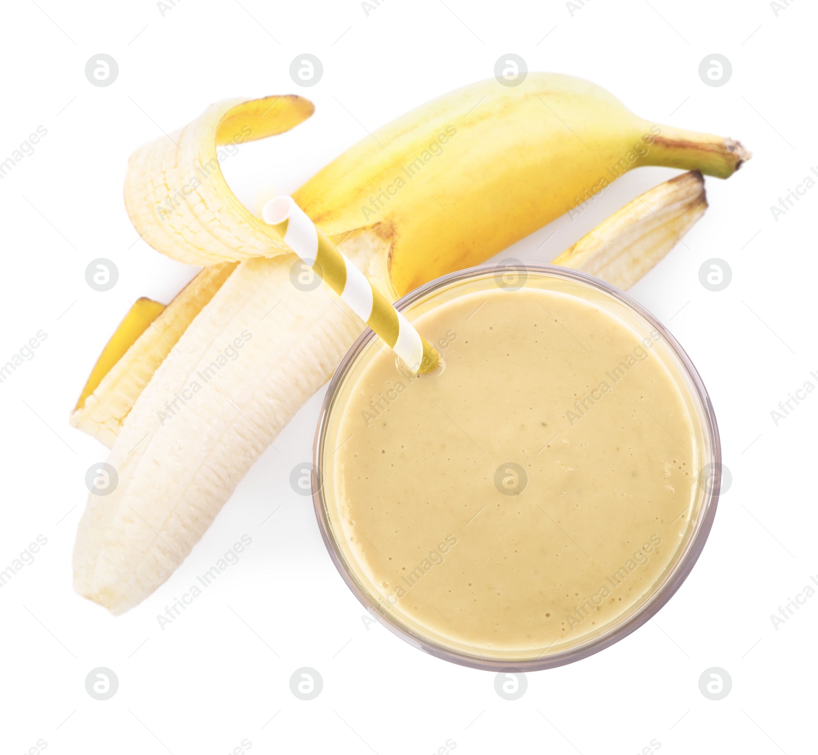 Photo of Glass of tasty banana smoothie with straw and fresh fruit on white background, top view