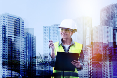 Image of Double exposure of female industrial engineer in uniform and cityscape
