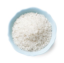 Photo of Raw basmati rice in bowl isolated on white, top view