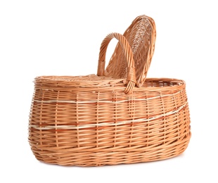 Photo of Empty wicker picnic basket isolated on white