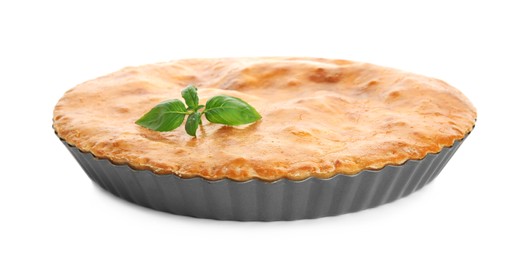 Photo of Delicious pie with meat and basil isolated on white