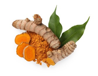 Photo of Aromatic turmeric powder, leaves and raw roots isolated on white, top view