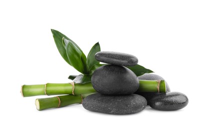 Photo of Spa stones with green bamboo stems isolated on white