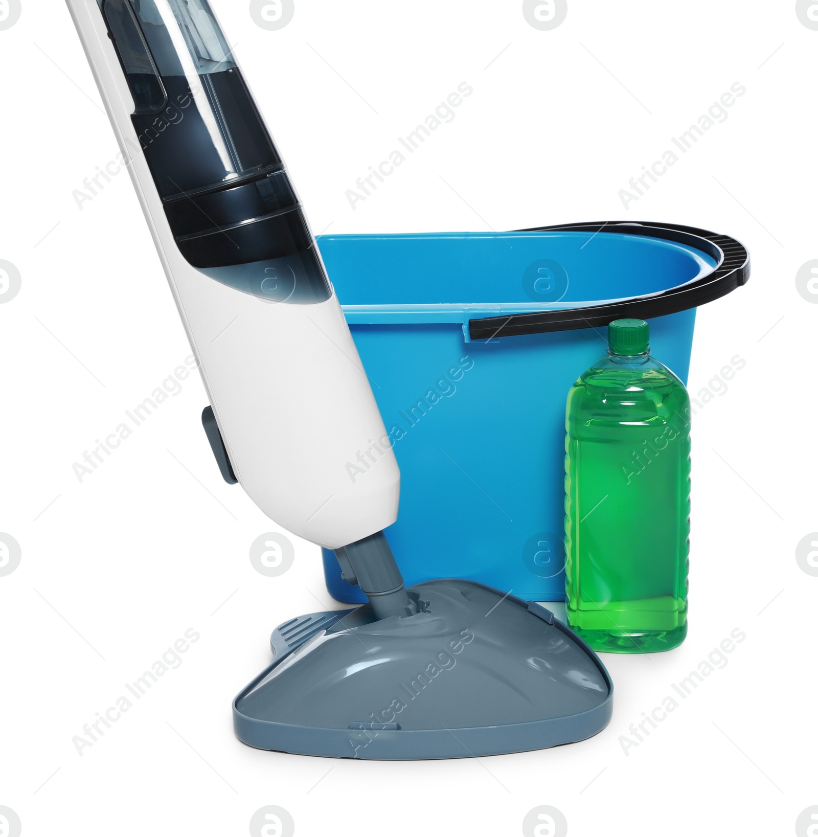 Photo of Modern steam mop and bucket with bottle of cleaning product isolated on white