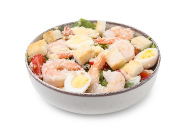 Delicious Caesar salad with shrimps isolated on white