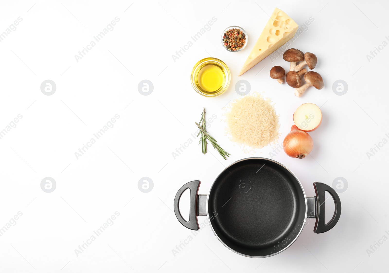 Photo of Different ingredients on white background, top view. Risotto recipe