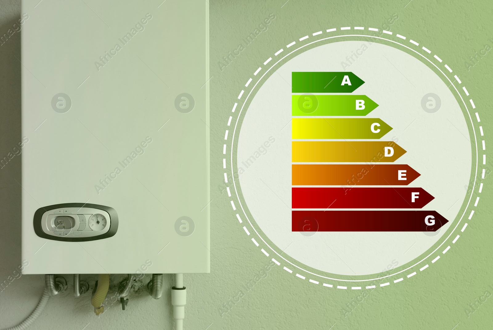 Image of Energy efficiency chart and gas boiler indoors