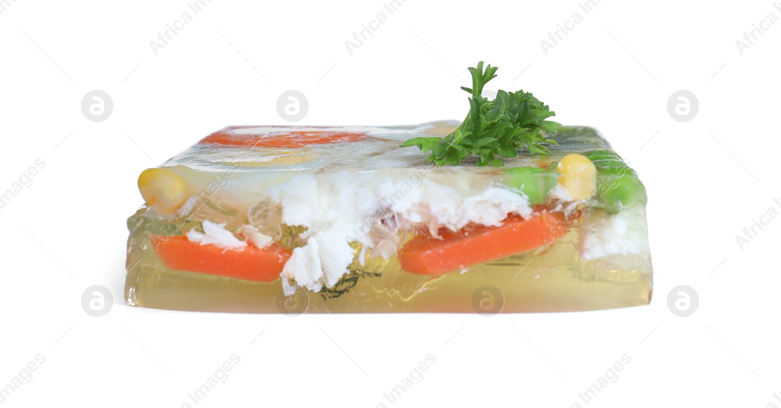 Photo of Delicious homemade fish aspic isolated on white