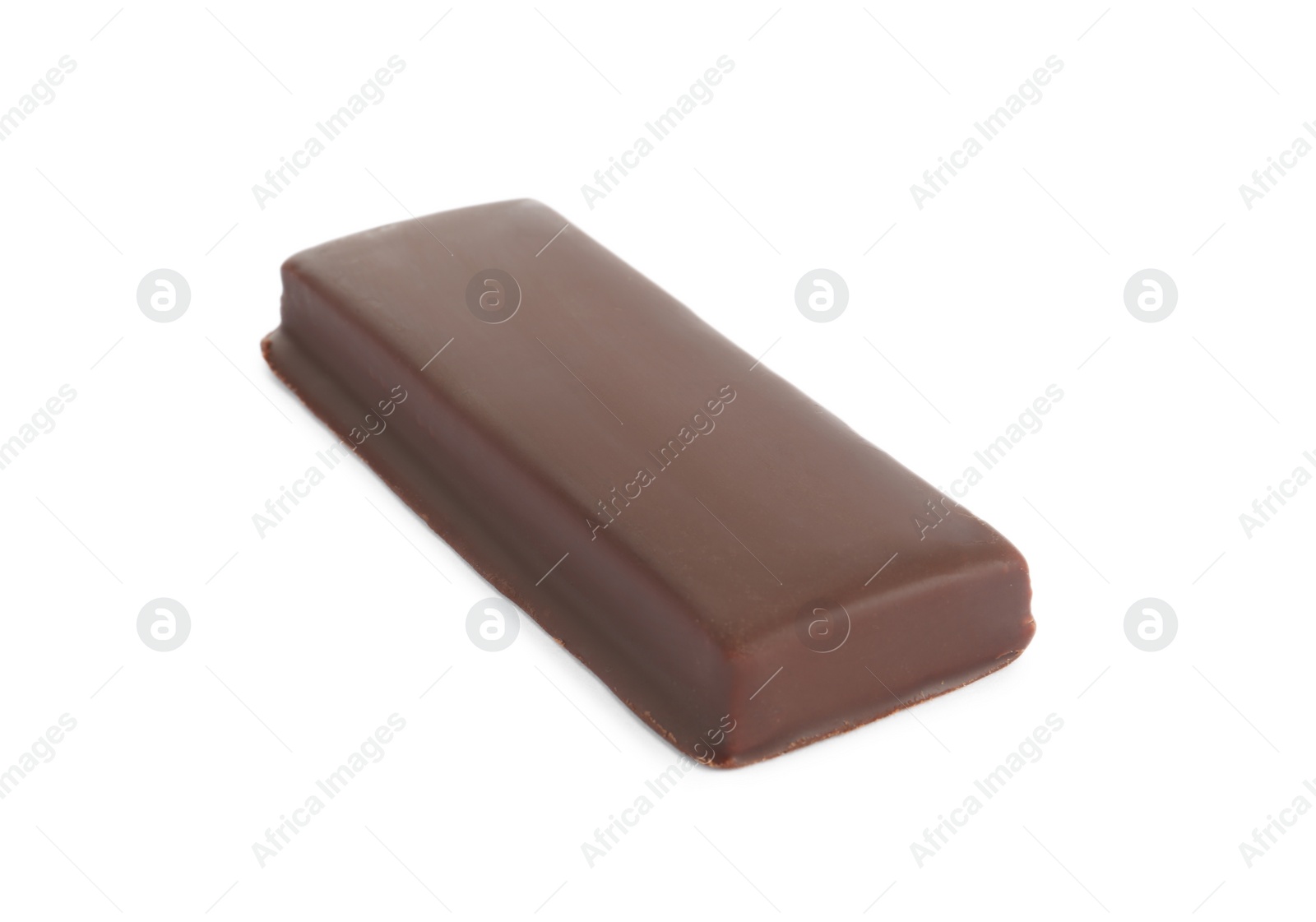 Photo of Tasty chocolate glazed protein bar isolated on white. Healthy snack