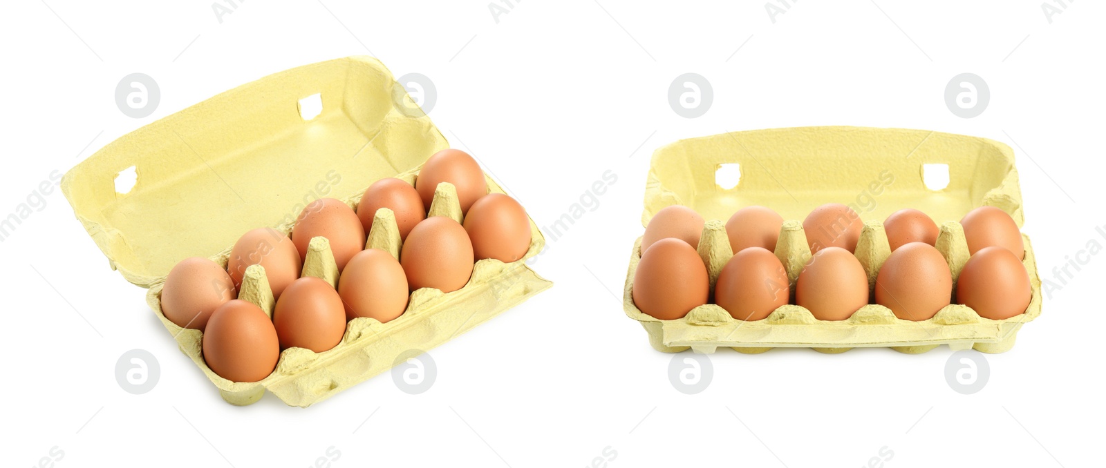 Image of Brown chicken eggs in egg carton isolated on white, set