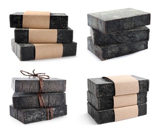 Image of Set with tar soap bars on white background