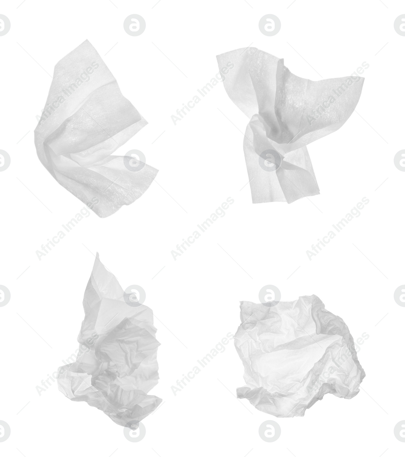 Image of Set with used crumpled paper tissues on white background 