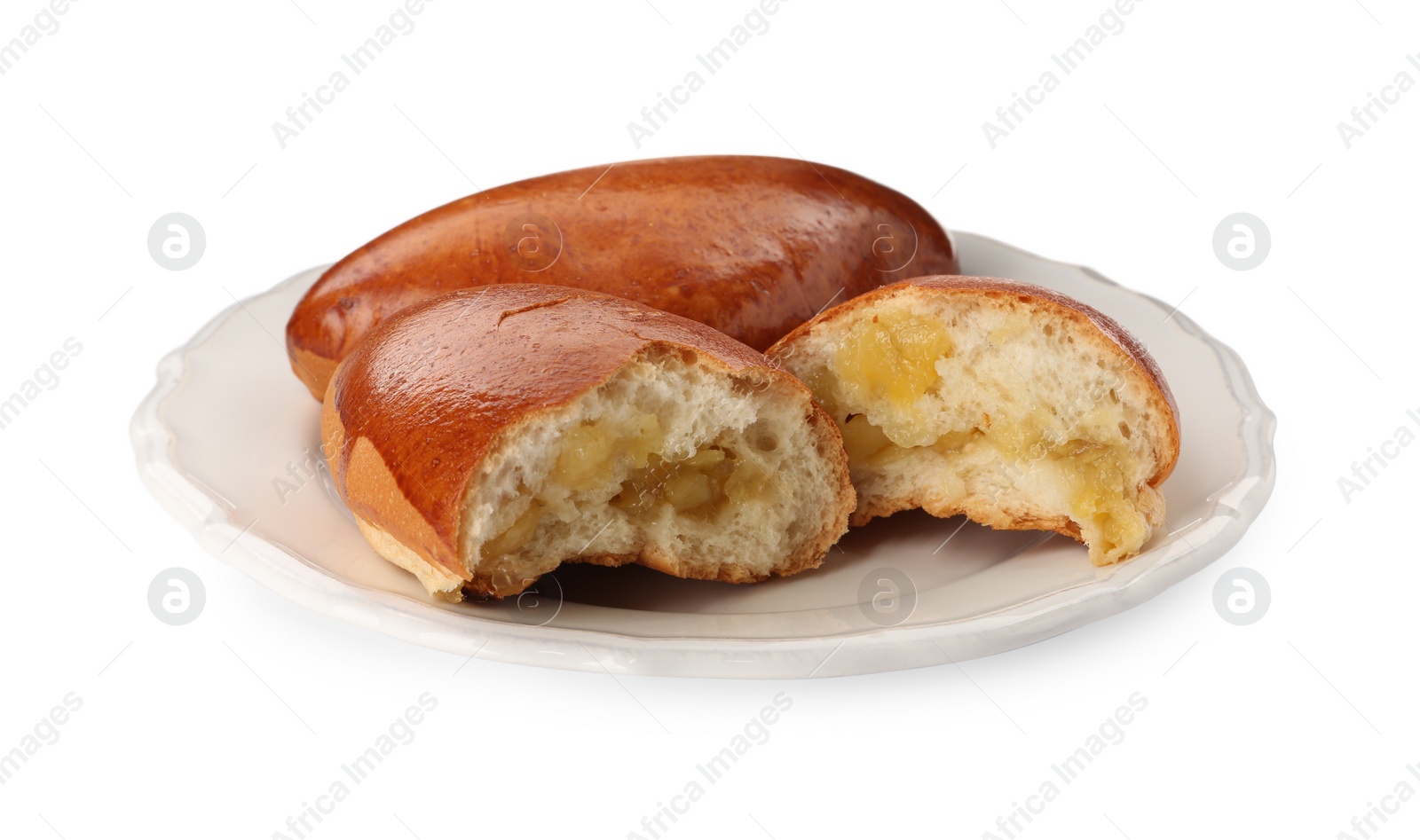 Photo of Delicious baked patties with apples on white background